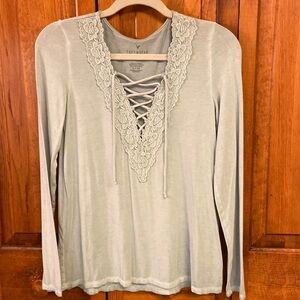 Soft & Sexy AEO Longsleeved Tee V-Neck Embellished By Floral Lace Tie Up Insider